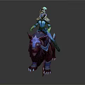 Fantasy Character In Blue Armor Riding Horned Dark Mythical Mount With Blue Accents