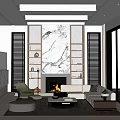 Contemporary Duplex Living Room Interior With Marble Feature Wall Fireplace And Green Accent Chairs