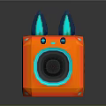 Cute Modern Orange Square Computer with Blue Ears Circular Speaker and Blue Lights