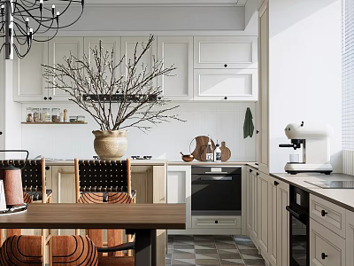 Restaurant Kitchen Interior with White Cabinets Chandelier Vase and Coffee Machine 3d model