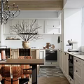 Restaurant Kitchen Interior with White Cabinets Chandelier Vase and Coffee Machine