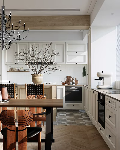 Restaurant Kitchen Interior with White Cabinets Chandelier Vase and Coffee Machine 3d model