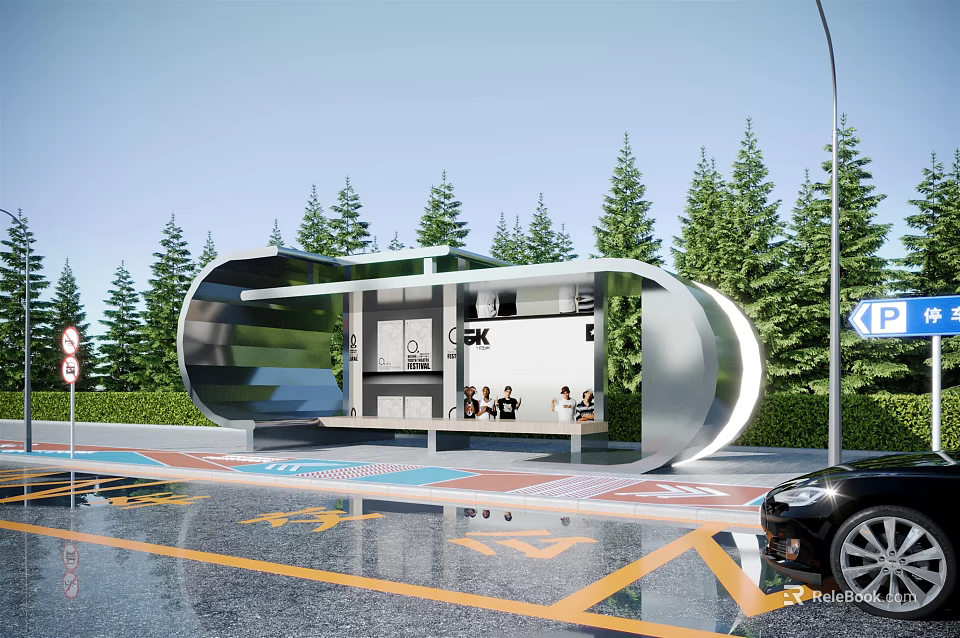 Modern Bus Station With Curved Transparent Structure Green Trees Roadside Seating And Information Board 3d model 