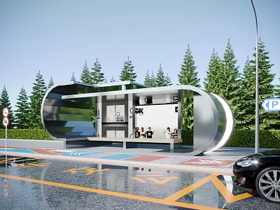 Modern Bus Station With Curved Transparent Structure Green Trees Roadside Seating And Information Board 3d model