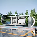Modern Bus Station With Curved Transparent Structure Green Trees Roadside Seating And Information Board