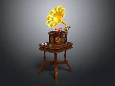 Vintage Gramophone with Ornate Wooden Stand and Decorative Golden Horn 3d model