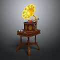 Vintage Gramophone with Ornate Wooden Stand and Decorative Golden Horn
