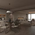 Modern Dining and Living Room Interior With Round Table Chairs Sofa And Pendant Light