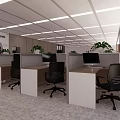 Public Office Area Featuring Cubicles Computers Office Chairs Potted Plants And Ceiling Lights 3d model