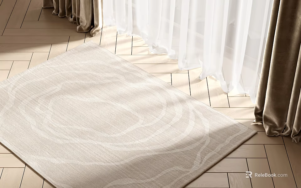 Light Beige Square Rug With Circular Patterns On Wooden Floor Under Sunlight And Curtains 3d model 