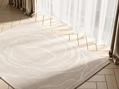 Light Beige Square Rug With Circular Patterns On Wooden Floor Under Sunlight And Curtains 3d model