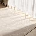 Light Beige Square Rug With Circular Patterns On Wooden Floor Under Sunlight And Curtains