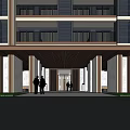 Modern Residential Building Main Entrance Gate With Reflective Pool And Landscaped Greenery