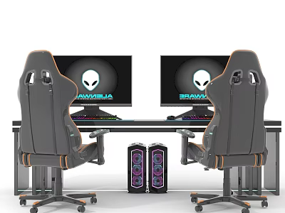 Gaming Desk Setup With Dual Monitors Gray Gaming Chairs And PC Towers 3d model