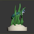 Blue Marine Creature Swimming Among Green Seaweed On White Base With Orange Rim