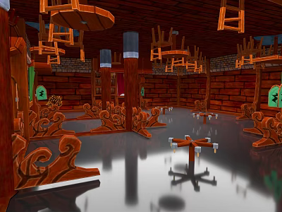 Wooden Indoor Space With Suspended Chairs Decorative Columns Shiny Floor And Green Signs 3d model