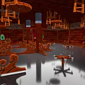Wooden Indoor Space With Suspended Chairs Decorative Columns Shiny Floor And Green Signs