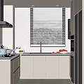 Sleek Modern Kitchen Interior With White Cabinets Black Fridge Sink And Gas Stove