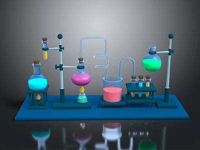Laboratory Apparatus Setup With Colored Flasks Beakers Test Tubes And Stands 3d model