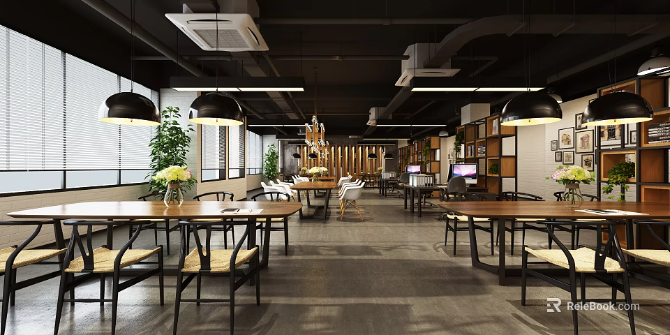 Modern Public Office Space With Wooden Tables Comfortable Chairs And Green Plants 3d model 