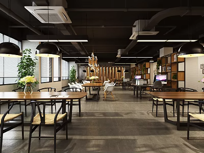 Modern Public Office Space With Wooden Tables Comfortable Chairs And Green Plants 3d model