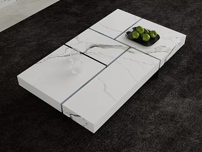 Modern White Marble Coffee Table with Black Lines Tray Green Fruits and Glass Cup 3d model