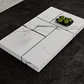 Modern White Marble Coffee Table with Black Lines Tray Green Fruits and Glass Cup