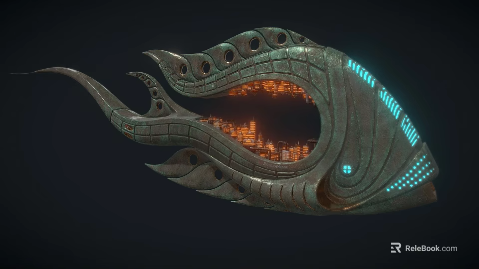 Intricate Mechanical Sculpture Featuring Metallic Texture Glowing Blue Lines And Inner Orange Lights 3d model 