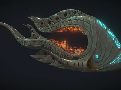 Intricate Mechanical Sculpture Featuring Metallic Texture Glowing Blue Lines And Inner Orange Lights 3d model