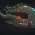 Intricate Mechanical Sculpture Featuring Metallic Texture Glowing Blue Lines And Inner Orange Lights