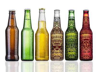 Colorful Beer Bottles With Various Designs On White Background And Reflections 3d model