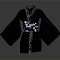 Black Kimono With White Patterns And Decorative Belt Adorned With White Flower