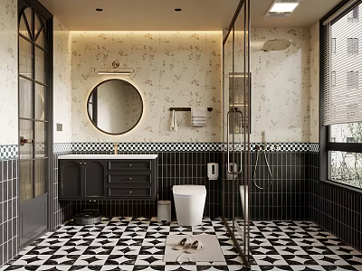 Modern Bathroom Interior With Round Mirror Black Vanity Patterned Walls And Geometric Floor Tiles 3d model