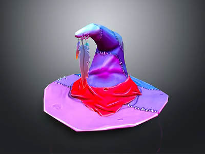 Octagonal Purple Pink Witch Hat With Red Scarf Decoration For Daily Life Use 3d model