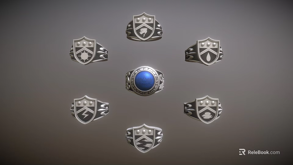 Stylish Emblem Design Rings With Central Blue Gemstone And Silver Settings 3d model 