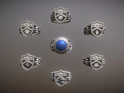 Stylish Emblem Design Rings With Central Blue Gemstone And Silver Settings 3d model