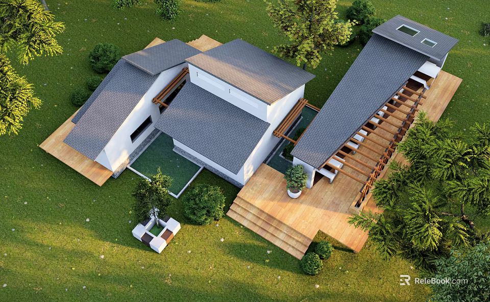 Guesthouse Building With Grey Roof White Walls Green Lawn Trees And Wooden Terrace 3d model 