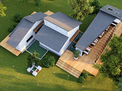 Guesthouse Building With Grey Roof White Walls Green Lawn Trees And Wooden Terrace 3d model
