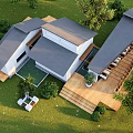 Guesthouse Building With Grey Roof White Walls Green Lawn Trees And Wooden Terrace
