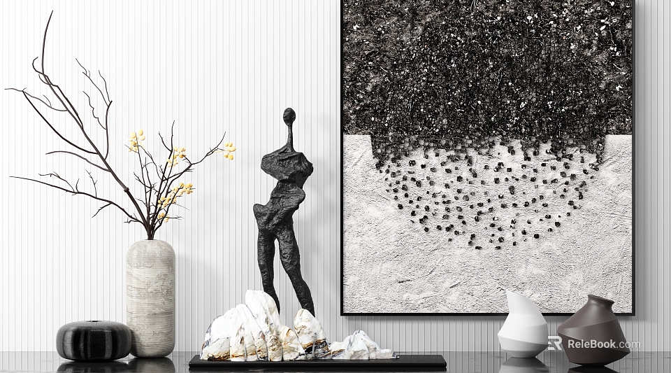 Modern Decorative Ornament Set With Black Sculpture Vase White Stones And Black White Abstract Painting 3d model 