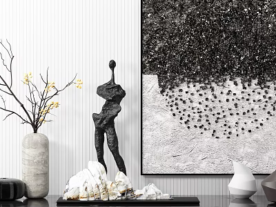 Modern Decorative Ornament Set With Black Sculpture Vase White Stones And Black White Abstract Painting 3d model