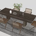 Rustic Wooden Dining Set With Rattan Chairs Green Plant And Gray Rug