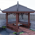 Traditional Chinese Style Pavilion With Wooden Structure Tiled Roof And Stone Wall