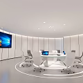 Modern Conference Room With Round Table White Chairs Laptops And Large Wall Screen 3d model