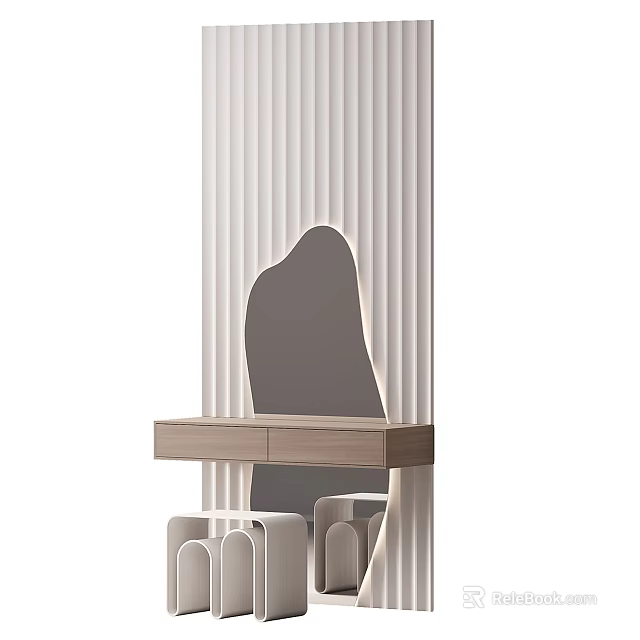 Modern Minimalist Dressing Table With Wooden Top Unique Shape Mirror And Stool 3d model 