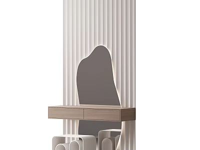 Modern Minimalist Dressing Table With Wooden Top Unique Shape Mirror And Stool 3d model