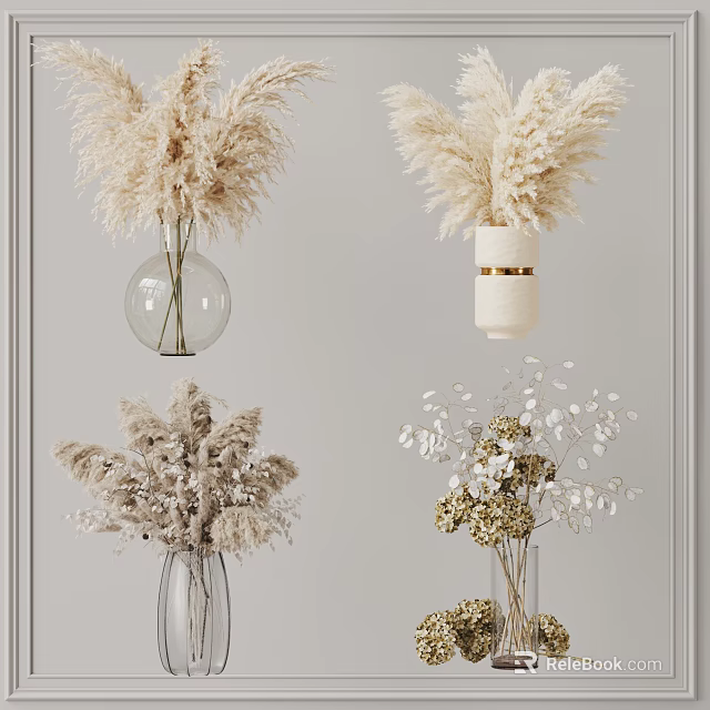 Decorative Glass Vases With Pampas Grass And White Floral Arrangements For Home Decor 3d model 