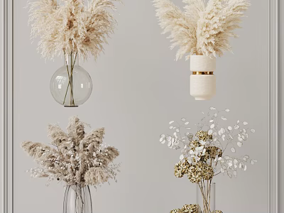 Decorative Glass Vases With Pampas Grass And White Floral Arrangements For Home Decor 3d model