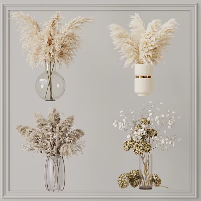 Decorative Glass Vases With Pampas Grass And White Floral Arrangements For Home Decor 3d model