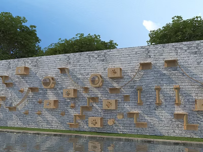 Wooden Shelves And Hooks For Daily Essentials On Gray Stone Wall With Trees And Pond Reflection 3d model